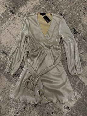 Metallic Silver Wrap Long-Sleeve Mini Dress
